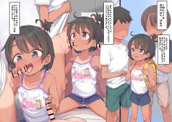 1girl 2boys adversarial_noise backpack bag bar_censor black_hair blue_skirt brown_hair brown_shorts camisole censored denim denim_skirt faceless faceless_male fellatio flat_chest green_shorts group_sex hair_bobbles hair_ornament handjob highres kanabun kodomo_doushi loli miniskirt mmf_threesome multiple_boys one-piece_tan one_side_up open_mouth oral original paid_reward_available panties randoseru shirt short_hair short_shorts short_sleeves shorts shota skirt tan tanline teeth testicles threesome underwear upper_teeth_only very_short_hair white_camisole white_panties white_shirt yellow_bag