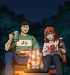 1boy 1girl :d anime_coloring beard_stubble black_hair black_pants blue_pants breasts brown_eyes camping_chair can chair chicken_(food) collarbone cup denim facial_hair folding_chair food futari_solo_camp green_eyes green_shirt highres holding holding_can holding_cup holding_food holding_skewer jeans key_visual kinokura_gen kusano_shizuku large_breasts looking_at_food meat medium_hair night official_art on_chair open_mouth outdoors pants print_shirt promotional_art red_hair shirt short_hair short_sleeves sitting skewer smile spread_legs star_(sky) stubble t-shirt tankard teeth tree upper_teeth_only very_short_hair white_shirt