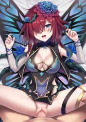 1boy 1girl bed_sheet black_dress blue_eyes blush breasts butterfly_wings clothes_lift commentary_request commission covered_navel detached_sleeves dress dress_lift fairy_wings fingernails fire_emblem fire_emblem_heroes flower grey_sleeves hair_flower hair_ornament hair_over_one_eye hair_vines henria hetero highres insect_wings large_breasts looking_at_viewer lying medium_hair nintendo official_alternate_costume on_back on_bed open_mouth penis pov pov_crotch pussy red_hair second-party_source sex skeb_commission solo_focus spread_legs steam sweat teeth tongue triandra_(fire_emblem) triandra_(reverent_dream)_(fire_emblem) uncensored uvula vaginal wings