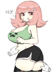 &gt;:) 1girl :3 annoyed ass bare_shoulders black_shorts black_thighhighs blunt_bangs breasts brown_hair cleavage cowboy_shot creeper crop_top danganronpa_(series) danganronpa_2:_goodbye_despair disembodied_hand dolphin_shorts dot_nose eyebrows_hidden_by_hair flipped_hair frown galaga grabbing_another&#039;s_stomach grabbing_another&#039;s_thighs green_shirt green_tank_top grey_background hair_ornament hand_on_another&#039;s_thigh highres jitome large_breasts light_blush looking_at_viewer looking_back m3link medium_hair midriff minecraft mole mole_on_breast nanami_chiaki narrowed_eyes parted_lips pink_eyes pink_hair plump shirt shorts sidelocks simple_background skindentation solo_focus spaceship_hair_ornament tank_top taut_clothes taut_shorts thighhighs thighs v-shaped_eyebrows