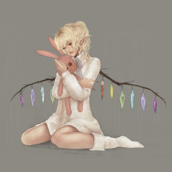 Rule 34 | 1girl, aged up, alternate costume, bad id, bad pixiv id, blonde hair, bottomless, crystal, doll, dress shirt, female focus, fingernails, flandre scarlet, highres, hugging doll, hugging object, lips, no headwear, no pants, pochiharu, pointy ears, realistic, red eyes, shirt, short hair, side ponytail, simple background, sitting, socks, solo, stuffed animal, stuffed rabbit, stuffed toy, touhou, wariza, white socks, wings
