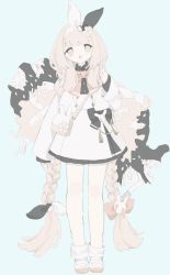 1girl animal_bag arm_up black_bow black_shirt blue_background bow bowtie braid broken brown_hair doll_joints dress extra_arms full_body hair_bow highres joints long_hair long_sleeves open_mouth original pastel_colors pink_bag pink_bow pink_bowtie pink_eyes rabbit_bag shirt shoes simple_background snake6tenpura socks solo tears twin_braids two-tone_bow uwabaki very_long_hair white_bow white_dress white_shoes white_socks