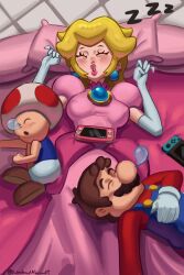 1girl 2boys absurdres bed bed_sheet blonde_hair brown_hair dress elbow_gloves facial_hair gameboy gloves highres mario mario_(series) multiple_boys mustache nintendo nintendo_switch overalls pillow princess_peach shirt shoes sleeping super_mario_bros._1 thick_lips toad_(mario) undeadaheadt vest zzz