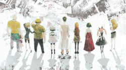 4boys 6+girls akiha_rumiho amane_suzuha baseball_cap black_skirt blonde_hair cellphone faris_nyannyan fat fat_man full_body hakama hakama_short_skirt hakama_skirt hashida_itaru hat huke japanese_clothes kimono kiryuu_moeka lab_coat long_skirt long_sleeves makise_kurisu miko miniskirt multiple_boys multiple_girls muscular official_art okabe_rintarou pants pantyhose pencil_skirt phone shiina_mayuri simple_background skirt steins;gate tennouji_nae tennouji_yuugo twintails urushibara_ruka wavy_hair white_background