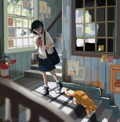 Rule 34 | 1girl, black hair, blue shoes, blue skirt, cat, fire extinguisher, highres, indoors, lan (ngtblan), neckerchief, orange cat, original, red neckerchief, scenery, shirt, shoes, skirt, solo, stairs, sunlight, walking, white shirt