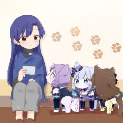 Rule 34 | animal, animalization, blue eyes, blue hair, blue robe, brown eyes, brown hair, cat, closed mouth, clothed animal, escape (idolmaster), grey pants, hat, highres, holding, holding paper, hutaba, idolmaster, idolmaster (classic), idolmaster million live!, idolmaster million live! theater days, kisaragi chihaya, kitazawa shiho, long hair, looking at animal, looking at another, makabe mizuki, mini hat, pants, paper, paw print, purple hair, robe, shiraishi tsumugi, short hair, sitting