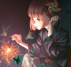 Rule 34 | 1girl, adjusting hair, black hair, commentary request, fireworks, fish, goldfish, highres, japanese clothes, kimono, light smile, matsu bokkuri, original, parted lips, pinwheel hair ornament, red eyes, senkou hanabi, short hair, solo, sparkler, squatting, yukata