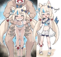 1boy 1girl :d ahoge animal_ear_fluff animal_ears ankle_bow ankle_ribbon arm_held_back barefoot bikini bikini_top_only blonde_hair blue_bikini blue_bow blue_eyes blue_hair blue_nails blue_sailor_collar blue_scrunchie blunt_bangs blush bottomless bow brown_sandals cat_ears commentary dress english_commentary fang fins fish_girl fish_tail flat_chest frilled_bikini frilled_dress frilled_sailor_collar frills fucked_silly hair_bow hanging_legs hetero highleg highleg_bikini highres indie_virtual_youtuber lifebuoy_anklet lifebuoy_hair_ornament loli long_hair looking_at_viewer low_twintails mesugaki multicolored_hair multiple_views nail_polish navel nose_blush one_side_up open_clothes open_dress open_mouth outdoors paper_on_head parted_lips plap platform_sandals pussy_juice ribbon sailor_collar sailor_dress sameko_saba sandals scrunchie sex shore short_dress short_shorts shorts sidelocks smile smug streaked_hair striped_bikini striped_clothes sweat swimsuit tail toenail_polish toenails toes twintails two-tone_hair vaginal very_long_hair virtual_youtuber white_dress white_shorts wrist_scrunchie zlix0n