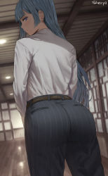 1girl absurdres ass belt blue_eyes blue_hair blunt_bangs formal_clothes from_behind highres indoors jujutsu_kaisen long_hair looking_at_viewer looking_back miwa_kasumi pants pantylines shexyo shirt shirt_tucked_in solo standing straight_hair striped vertical_stripes very_long_hair white_shirt