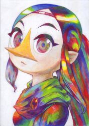 1girl absurdres beak blue_hair breasts circlet commentary_request green_eyes green_hair highres medium_breasts medli multicolored_eyes multicolored_hair nintendo o_den pointy_ears ponytail red_eyes red_hair simple_background solo the_legend_of_zelda the_legend_of_zelda:_the_wind_waker upper_body white_background