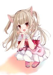 +_+ 1girl :d animal_ear_fluff animal_ears apron armband bandaged_wrist bandages brown_hair cat_ears dress fang hands_up heart highres kemonomimi_mode long_hair looking_at_viewer natori_sana natori_sana_(nurse) nurse open_mouth pink_apron pink_sandals pleated_dress puffy_short_sleeves puffy_sleeves red_eyes rino_cnc sana_channel sandals short_sleeves smile solo squatting two_side_up very_long_hair virtual_youtuber white_background white_dress