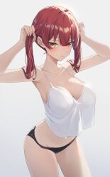 1girl absurdres arms_up black_panties breasts bunching_hair camisole closed_mouth collarbone commentary_request cowboy_shot crop_top crop_top_overhang heterochromia highres holding holding_own_hair hololive houshou_marine large_breasts long_hair navel panties red_eyes red_hair reulem solo stomach strap_gap thighs twintails underwear underwear_only virtual_youtuber white_camisole yellow_eyes