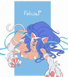1girl animal_ears animal_hands ass blue_hair breasts cat_ears cat_tail claws crawling darkstalkers felicia_(darkstalkers) futa_yuri_ryona green_eyes large_breasts long_hair one_eye_covered tail very_long_hair white_fur