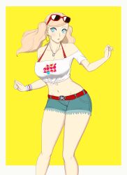 1girl absurdres belt blonde_hair blue_shorts blush border breasts cleavage collarbone cowboy_shot curvy denim denim_shorts earrings eyewear_on_head hands_up heart heart_earrings highres hoop_earrings jewelry large_breasts midriff nahone_peko navel necklace parted_lips persona persona_5 persona_5_scramble:_the_phantom_strikers red-framed_eyewear red_belt short_shorts shorts solo standing stomach sunglasses takamaki_anne thighs twintails white_border
