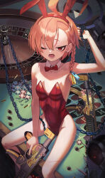 1girl ahoge animal_ear_hairband bare_arms bare_legs black_nails blood blue_archive blush bow bowtie braid bullet_hole casino casino_card_table chain commentary covered_navel cuts detached_collar earrings fake_animal_ears flat_chest gun hairband halo highres holding holding_gun holding_weapon huge_ahoge injury jewelry leotard looking_at_viewer medium_hair mole mole_under_eye nail_polish neru_(blue_archive) neru_(bunny)_(blue_archive) official_alternate_costume one_eye_closed open_mouth orange_hair playboy_bunny poker_chip rabbit_ear_hairband rabbit_ears red_bow red_bowtie red_leotard roulette_table single_braid sitting slit_pupils solo swept_bangs table traditional_bowtie tsurime weapon yanoyoru