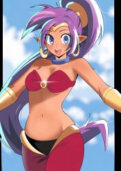 1girl bare_shoulders blue_eyes blue_sky bra bracelet breasts cloud dark-skinned_female dark_skin earrings gjh jewelry long_hair medium_breasts pants pointy_ears ponytail purple_hair shantae shantae_(series) sky underwear very_long_hair