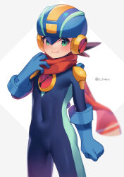 1boy blue_bodysuit blue_helmet blurry blush bodysuit brown_hair closed_mouth commentary_request covered_navel cowboy_shot depth_of_field green_eyes grey_background hand_up helmet highres looking_at_viewer male_focus mega_man_(series) mega_man_battle_network_(series) megaman.exe netnavi red_scarf scarf short_hair smile solo spiked_hair standing translation_request twitter_username two-tone_background watermark white_background zero-go