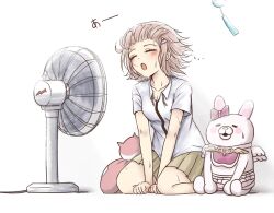 1girl blush breasts brown_hair collared_shirt danganronpa_(series) danganronpa_2:_goodbye_despair electric_fan flipped_hair kmnm_1403 medium_hair nanami_chiaki neck_ribbon pink_eyes pink_ribbon ribbon shirt skirt spaceship_hair_ornament sweat usami_(danganronpa) white_shirt