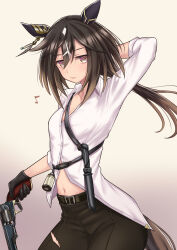 1girl animal_ears belt black_gloves black_hair black_pants breasts collared_shirt ear_covers ear_ornament gloves gradient_hair gun hair_between_eyes hand_up handgun highres holding holding_gun holding_weapon horse_ears horse_girl horse_tail long_hair long_sleeves low_ponytail multicolored_hair navel pants ponytail revolver shirt simple_background small_breasts solo stay_gold_(umamusume) tail teaclaw torn_clothes torn_pants trigger_discipline umamusume weapon white_shirt