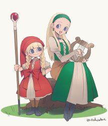 2girls blonde_hair blue_eyes blush braid dragon_quest dragon_quest_xi dress earrings full_body green_hairband hairband harp highres holding holding_staff instrument jewelry long_hair looking_at_another lyre multiple_girls noah_(tettsui-sole) open_mouth red_dress red_headwear senya_(dq11) siblings sisters sitting smile staff twin_braids veronica_(dq11)
