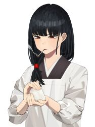 1girl black_hair bob_cut braid cigarette commentary_request food heiya_desu highres holding holding_food japanese_clothes limbus_company long_hair long_sleeves medium_hair onigiri parted_lips project_moon red_eyes rice ryoshu_(project_moon) side_braid simple_background smoke smoking solo white_background
