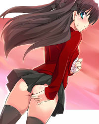 1girl ass bad_id bad_pixiv_id black_hair black_thighhighs blue_eyes blush eeeeee fate/stay_night fate_(series) female_focus from_behind grabbing_own_ass hair_between_eyes hand_on_own_ass holding holding_unworn_clothes holding_panties holding_underwear holding_unworn_clothes jpeg_artifacts long_sleeves looking_back miniskirt no_panties panties skirt solo sweatdrop thighhighs tohsaka_rin twintails two_side_up underwear unworn_panties white_panties
