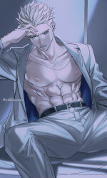 1boy absurdres black_shirt collarbone highres jacket male_focus millions_knives muscular muscular_male nipples open_clothes open_jacket pants pectorals shirt sitting solo spread_legs toned toned_male trigun trigun_stampede twitter_username white_jacket white_pants yakikesen