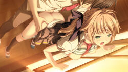 against_glass ass_grab bent_over blonde_hair blush bra bra_lift bra_pull breasts classroom clothed_sex clothes clothes_lift clothes_pull cum cum_on_body cum_on_hair exhibitionism facial from_behind game_cg green_eyes hair_ornament hatsukoi_sacrament indoors medium_breasts nagumo_misaki nipples open_clothes open_mouth open_shirt ponytail public_indecency purple_software school school_uniform sex tagme twintails underwear window