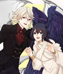 1boy 1girl :d absurdres alternate_costume artist_name ascot black_eyes black_hair black_wings collared_shirt commentary dragon_wings dress english_commentary fallen_angel feathered_wings female_morgan_(fire_emblem) fire_emblem fire_emblem_awakening fire_emblem_fates hair_between_eyes halo head_wings highres jacket male_corrin_(fire_emblem) nintendo open_mouth patreon_username purple_halo red_ascot red_eyes red_jacket red_shirt shirt short_hair sierra117renner smile tongue twitter_username white_dress white_hair white_wings wings