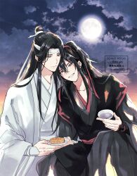 2boys bishounen black_hair black_hanfu black_robe chinese_clothes cloud cloudy_sky cup food full_moon grey_eyes grin hair_between_eyes hair_ribbon hanfu head_on_another&#039;s_shoulder headband high_ponytail highres holding holding_cup holding_plate lan_wangji long_hair long_sleeves looking_at_viewer male_focus modao_zushi moon multiple_boys natttume night night_sky outdoors plate ponytail red_ribbon ribbon robe sakazuki sidelocks sitting sky smile topknot twitter_username watermark wei_wuxian white_hanfu white_headband white_robe wide_sleeves xiao_guan_(headdress) yaoi yellow_eyes