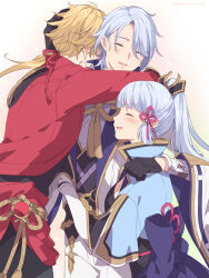 1girl 2boys agemaki_knot arm_around_shoulder arm_guards arm_up armor ayaka_(genshin_impact) back_bow black_gloves black_pants black_vest blonde_hair blue_hair blue_jacket blunt_bangs blunt_tresses bow brother_and_sister chinese_knot closed_eyes coat cowboy_shot dou facing_viewer flower_knot genshin_impact gloves gold_trim hair_behind_ear hair_ornament hair_over_one_eye hair_ribbon hand_in_another&#039;s_hair happy headpat high_ponytail highres hug jacket japanese_armor kamisato_ayato light_blush long_hair long_sleeves low_ponytail mole mole_under_mouth multiple_boys open_clothes open_coat open_mouth pants parted_bangs ponytail popped_collar purple_bow purple_shirt red_jacket red_sash ribbon sash shirt siblings smile soranomonooki standing tailcoat tassel thoma_(genshin_impact) tress_ribbon twitter_username vest white_coat white_pants wide_sleeves