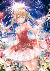 1girl absurdres bare_shoulders blonde_hair blue_eyes breasts collarbone dress dutch_angle eshi_100_nin_ten fingernails floating gem grin hair_ornament heterochromia highres long_hair looking_at_viewer medium_breasts miwabe_sakura original red_dress red_eyes red_gemstone scan sidelocks sleeveless sleeveless_dress smile solo strap_slip teeth third-party_source tiara twintails
