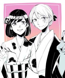 1boy 1girl allen_walker aogr_xa black_hair black_robe bob_cut border d.gray-man facial_mark facing_viewer floral_print floral_print_kimono flower gradient_background greyscale grin hair_between_eyes hair_bun hair_flower hair_ornament japanese_clothes kimono lenalee_lee looking_at_viewer medium_hair monochrome outside_border pink_background print_kimono robe scar scar_across_eye scar_on_face short_hair smile v waistband white_border white_hair wide_sleeves