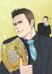 2boys bad_id bad_pixiv_id belt blush_stickers formal_clothes heart male_focus michael_cole multiple_boys smug sparkle suit the_miz wrestling wwe yaoi ymt-r
