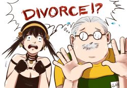 Rule 34 | 1girl, apron, black gloves, black hair, breasts, brown eyes, cleavage, commentary, crack, cracked glass, dress, earrings, english commentary, english text, facial hair, fingerless gloves, flying sweatdrops, gloves, grey hair, hands up, headband, highres, jewelry, mustache, name tag, necklace, sakamoto days, sakamoto taro, shirt, speech bubble, spy x family, thought bubble, tipanot, trait connection, upper body, white background, yellow shirt, yor briar