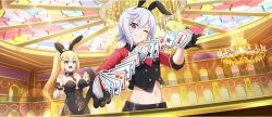 2girls :d \m/ animal_ear_hairband animal_ears armband black_armband black_gloves black_hairband black_vest black_wrist_cuffs blonde_hair blue_eyes braid breasts buttons casino chandelier chris_(konosuba) cleavage covered_navel crown_braid darkness_(konosuba) detached_collar dot_nose double-breasted dutch_angle earrings facial_scar fake_animal_ears game_cg gloves grin groin hair_ornament hairband hands_up head_tilt high_ponytail highres indoors jewelry kono_subarashii_sekai_ni_shukufuku_wo! konosuba!_fantastic_days large_breasts lens_flare leotard long_hair looking_at_viewer midriff multiple_girls navel necktie official_art one_eye_closed open_mouth playboy_bunny ponytail purple_hair rabbit_ear_hairband rabbit_ears red_necktie red_shirt scar scar_on_cheek scar_on_face shirt short_hair short_necktie shuffling_cards small_breasts smile stained_glass third-party_source vest wrist_cuffs x_hair_ornament