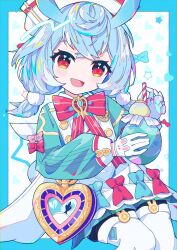 Rule 34 | 1girl, :d, apron, aramedraw, blue border, blue hair, blush, border, bow, bowtie, commentary, cup, drinking glass, drinking straw, genshin impact, gloves, green shirt, green shorts, hair ornament, hat, heart, heart background, highres, holding, holding cup, long hair, long sleeves, looking at viewer, low twintails, nurse cap, open mouth, outside border, pantyhose, pom pom (clothes), pom pom hair ornament, red bow, red bowtie, red eyes, shirt, shorts, sigewinne (genshin impact), smile, solo, striped background, striped bow, striped bowtie, striped clothes, twintails, white apron, white background, white gloves, white hat, white pantyhose