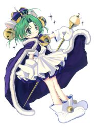 1girl animal_ears antenna_hair apron bell blush cape cat_ears closed_mouth cross crown dejiko di_gi_charat dot_mouth dot_nose dress fake_animal_ears frilled_apron frilled_dress frills full_body green_eyes green_hair hair_bell hair_ornament hat highres holding holding_staff jingle_bell light_blush looking_at_viewer maid_apron mittens neck_bell neck_ribbon nose_blush orb paw_shoes pepeppepe101 ribbon royal_robe short_hair short_sleeves simple_background solo staff star_(symbol) white_background white_footwear white_mittens wide_sleeves