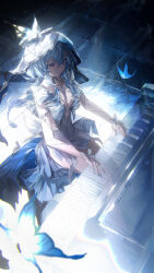 1girl absurdres armlet blue_butterfly blue_dress blue_hair blue_nails blue_veil breasts bug butterfly closed_mouth colored_eyelashes commentary_request dress highres insect instrument jewelry long_hair medium_breasts music nail_polish playing_instrument playing_piano purple_eyes shorekeeper_(wuthering_waves) sitting sleeveless sleeveless_dress solo two-tone_veil veil white_veil wuthering_waves zadun