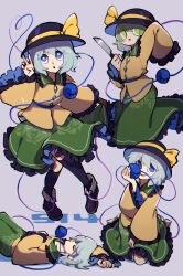 Rule 34 | 1girl, aqua background, black boots, black hat, blouse, boots, bow, buttons, diamond button, eyeball, floral print, frilled shirt collar, frilled skirt, frilled sleeves, frills, full body, green eyes, green hair, green skirt, grey hair, hair between eyes, hat, hat bow, hat ribbon, heart, heart of string, highres, holding, holding knife, iganashi1, kneehighs, knife, koishi day, komeiji koishi, long sleeves, looking at viewer, lying, multiple views, on floor, open mouth, ribbon, rose print, seiza, shirt, short hair, simple background, sitting, skirt, smile, socks, standing, third eye, touhou, wavy hair, wide sleeves, yellow bow, yellow ribbon, yellow shirt