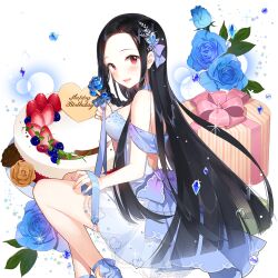1girl :d alternate_costume apple backless_dress backless_outfit bare_arms bare_shoulders birthday birthday_cake black_hair blue_bow blue_butterfly blue_dress blue_flower blue_nails blue_ribbon blue_rose blueberry blush bouquet bow box breasts bug butterfly butterfly_hair_ornament cake chocolate choker clarice_lapis dress earrings flower food forehead from_behind fruit full_body gift gift_box gloves hair_bow hair_flower hair_ornament hair_ribbon halterneck happy_birthday hat heart heart-shaped_box high_heels holding holding_bouquet holding_flower hydrangea in_container insect jewelry lace large_breasts long_hair looking_at_viewer looking_back medium_breasts nail_polish non-web_source open_mouth parted_bangs pink_flower pink_rose purple_flower purple_rose red_eyes red_flower red_rose ribbon rose salt_(salty) see-through_clothes shoes short_dress sitting skirt sleeveless sleeveless_dress small_breasts smile solo strapless strapless_dress strawberry transparent_background uchi_no_hime-sama_ga_ichiban_kawaii valentine very_long_hair white_dress white_skirt yellow_flower yellow_rose