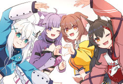 4girls ahoge animal_ear_fluff animal_ears aqua_eyes black_hair brown_eyes brown_hair cat_ears cat_girl dog_ears dog_girl fang hair_ornament heart heart_hands heart_hands_duo highres hololive hololive_gamers inugami_korone inugami_korone_(8th_costume) looking_at_viewer mia960 multicolored_hair multiple_girls nekomata_okayu nekomata_okayu_(personya_respect) official_alternate_costume one_eye_closed ookami_mio ookami_mio_(another_ookami_mio) purple_eyes purple_hair purple_shirt red_hair red_shirt shirakami_fubuki shirt skin_fang smile streaked_hair virtual_youtuber white_hair wolf_ears wolf_girl x_hair_ornament