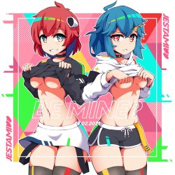 2021 2girls ahoge amai_(jestami) aria_(jestami) armband artist_name black_choker black_shorts black_sweater black_thighhighs blue_eyes blue_hair blush breasts choker clothes_lift commentary dated dolphin_shorts english_commentary english_text hair_ornament hairclip heart heart-shaped_pupils highres hood hoodie hoodie_lift interface_headset_(evangelion) jestami lifting_own_clothes linea_alba looking_at_viewer medium_breasts medium_hair miniskirt multiple_girls navel no_bra original ponytail red_eyes red_hair short_hair shorts skirt suspenders_hanging sweater sweater_lift symbol-shaped_pupils thighhighs toned underboob valentine white_hoodie white_skirt zettai_ryouiki