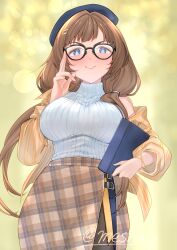 1girl :&gt; alternate_costume beret blush breasts brown_hair commentary_request cowboy_shot from_below furrowed_brow glasses granblue_fantasy hat highres large_breasts light_smile long_hair looking_at_viewer low_twintails meshiya off-shoulder_jacket off_shoulder plaid_clothes plaid_skirt raziel_(granblue_fantasy) ribbed_sweater skirt smug solo sweater turtleneck turtleneck_sweater twintails white_sweater