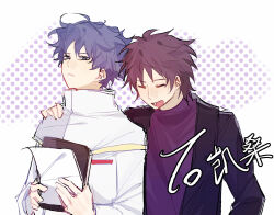 2boys black_jacket blue_eyes blue_hair book brown_hair capelet chinese_commentary closed_eyes commentary_request gold_trim hand_on_another&#039;s_shoulder harada_minoru highres holding holding_book holding_paper jacket long_sleeves male_focus multiple_boys open_clothes open_jacket open_mouth paper purple_shirt saibou_shinkyoku shirt short_hair smile utsugi_noriyuki white_capelet white_shirt xilanai