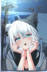 1girl ahoge animal_ear_fluff animal_ears benjamin_1kt blush braid commentary_request earrings fox_ears fox_girl green_eyes hair_between_eyes head_rest hololive jewelry long_hair looking_at_viewer open_mouth reflection shirakami_fubuki shirakami_fubuki_(1st_costume) sidelocks single_braid solo virtual_youtuber white_hair window