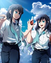 2boys alternate_costume aqua_eyes aqua_hair backpack bag belt black_hair black_pants bottle brothers closed_mouth cola glass_bottle gradient_hair hana_ni_nare highres holding holding_bottle kimetsu_no_yaiba long_hair male_focus multicolored_hair multiple_boys open_mouth pants school_uniform shirt siblings smile tokitou_muichirou tokitou_yuichirou twins two-tone_hair white_shirt