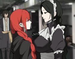1boy 2girls black_dress black_robe braid breast_press breasts dress eye_contact fata_morgana_no_yakata frown green_eyes highres hood hood_down huixiaaa42305 jacopo_bearzatti large_breasts long_hair looking_at_another maid maid_headdress morgana_(fata_morgana_no_yakata) multiple_girls notice_lines pale_skin photo_background red_hair robe smile the_maid_(fata_morgana_no_yakata) twin_braids yellow_eyes