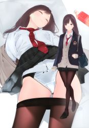 1girl absurdres ama_mitsuki bag black_footwear black_pantyhose black_skirt blazer bottle breast_pocket brown_eyes brown_hair closed_eyes clothes_lift collared_shirt full_body highres jacket jewelry lips loafers long_sleeves lying miniskirt multiple_views necklace necktie non-web_source on_back original panties panty_pull pantyhose pleated_skirt pocket red_neckwear satin satin_panties scan school_bag school_uniform shirt shoes skirt skirt_lift underwear vest walking white_shirt