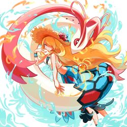 Rule 34 | 1girl, blonde hair, blue sarong, closed mouth, cynthia (pokemon), cynthia (summer 2025) (pokemon), ffccll, flower, gen 3 pokemon, grey eyes, hair over one eye, hand up, hat, hat flower, highres, long hair, midriff, milotic, nintendo, official alternate costume, pokemon, pokemon (creature), pokemon masters ex, red flower, sarong, shirt, smile, tied shirt, water, water drop, wristband, yellow hat